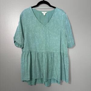 Terra & Sky Lagenlook Boho Green Peplum Top - Size 0X (14W) - Women's Plus Size